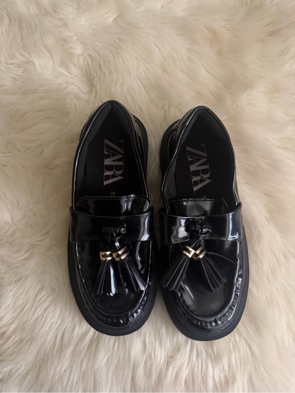 Zara Black Patent Tassel Loafers with Gold Accents
